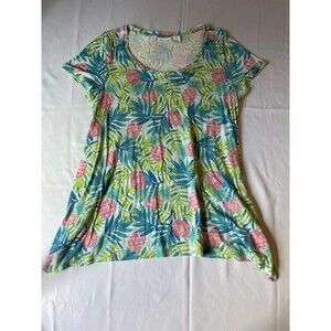 Sigrid Olsen Womens Plus Size 1X 100% Linen V-Neck T-Shirt Top Green Floral
